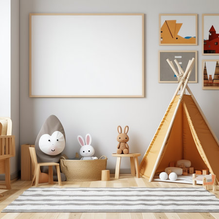 Generative AI : Small table and chairs with bunny ears in childrens room interiorの素材