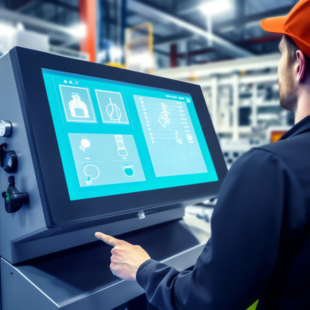 Generative AI : Smart industry control conceptHands holding tablet on blurred automation machine as backgroundの素材