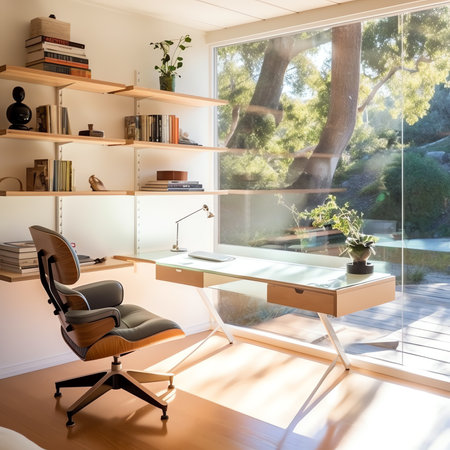 Generative AI : Simple and functional home office interior with wooden wall desk and chair and decorative tempered glass wallの素材