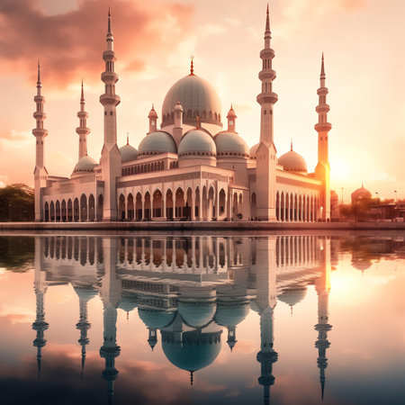Generative AI : Songkhla Central Mosque in day to night with colorful skies at sunset and the lights of the mosque and reflections in the water in landmark landscape conceptの素材