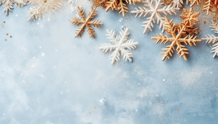 Generative AI : Snowflakes border on grunge wooden background Winter holidays conceptの素材