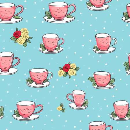 Generative AI : Stack of ceramic retro cups with green patterns on a blue wooden backgroundの素材