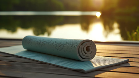 Generative AI : Sport shoes yoga mat bottle of water and centimeter on wooden background Sport equipment Concept healthy life Selective focusの素材