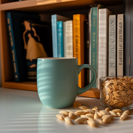 Generative AI : Stack of ceramic retro cups with green patterns on a blue wooden backgroundの素材