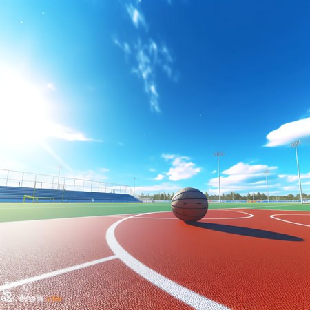 Generative AI : Sports ground on the outskirts of the city in a wooded area View of the tennis court fitness equipment football field and others public sports grounds for team gameの素材