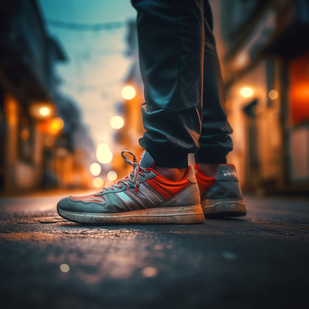 Generative AI : Sport background close up of urban runners legs run on the street with copy spaceの素材
