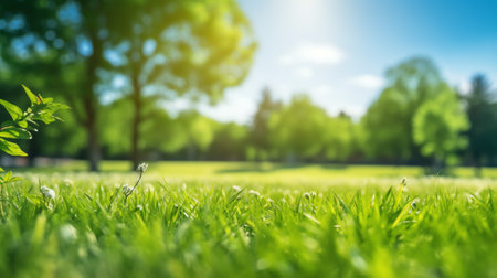 Generative AI : Spring or summer and grass field with sunny backgroundの素材