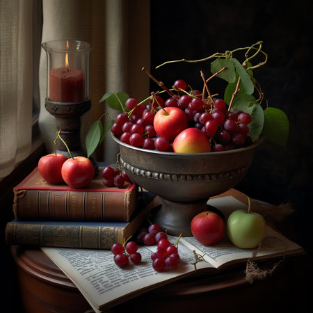Generative AI : Still life with fresh red Cranberries in an old silver bowl in front of dark backgroundの素材
