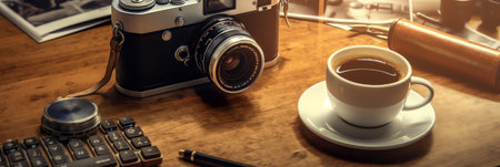 Generative AI : Still life details cup of coffee and retro vintage blackandwhite photos top view pointの素材