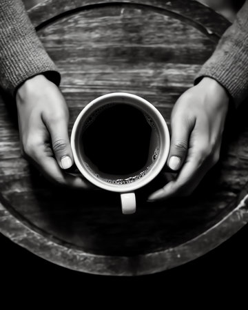 Generative AI : Still life details cup of coffee and retro vintage blackandwhite photos top view pointの素材