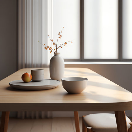 Generative AI : Stylish and minimalistic dining room interior with wooden table teapot with cups fruit tray and elegant accessories Eucalyptus color Ready to use Template Modern hoの素材