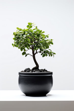 Generative AI : Studio image of a miniature artificial tree in a pot Concept image for interior design or office furniture use against a white background Copy spaceの素材