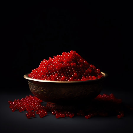 Generative AI : Still life with fresh red Cranberries in an old silver bowl in front of dark backgroundの素材