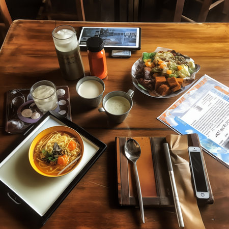 Generative AI : Stainless Hole Plate Thai School Lunch on a Wooden Tableの素材