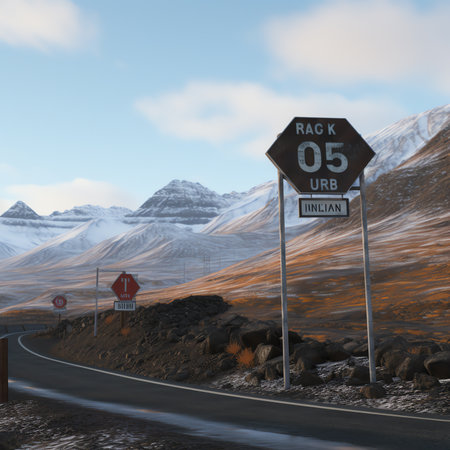 Generative AI : Street signs in mountain landscapeの素材