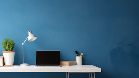 Generative AI : Student creative desk mock up with colorful office supplies laptop and blue wall Back to schoolの素材