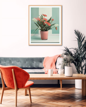 Generative AI : Stylish and eclectic dining room interior with mock up poster map sharing table design chairs gold pedant lamp and elegant sofa in second space White walls wooden pの素材
