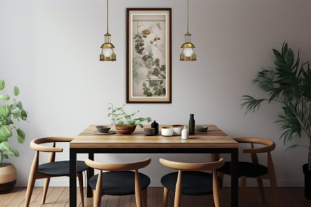 Generative AI : Stylish and eclectic dining room interior with mock up poster map sharing table design chairs gold pedant lamp and elegant sofa in second space White walls wooden pの素材
