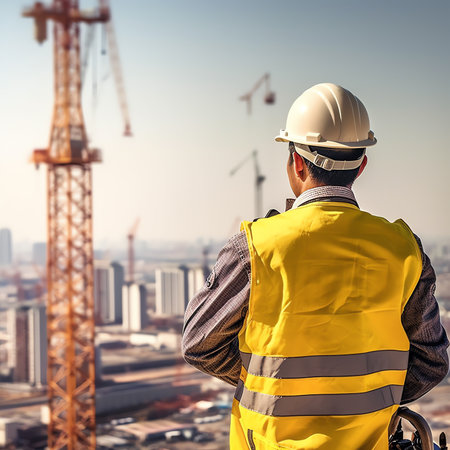 Generative AI : Surveyor builder Engineer with theodolite transit equipment at construction site outdoors during surveying workの素材