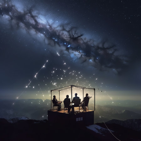 Generative AI : Swing installed on playground against scenic view of dark mounts under starry sky at duskの素材