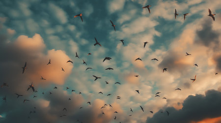Generative AI : Swarm of birds on the beautiful sky with clouds beautiful birds flying in the skyの素材