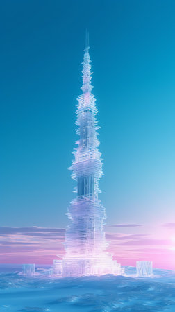 Generative AI : Telecommunication tower on the slope of a snowy mountain Winter arctic landscape View of the mountain top and the metal tower with antennas Communication in the farの素材