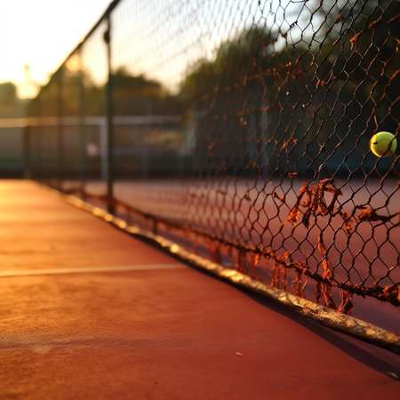 Generative AI : Tennis ball and racket on hard court under sunlightの素材