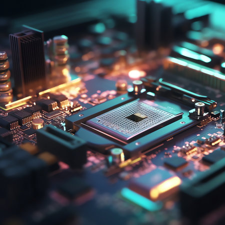 Generative AI : Tech fixes motherboard in service center Shallow DOF focus on hand image is toned with extra light effectsの素材
