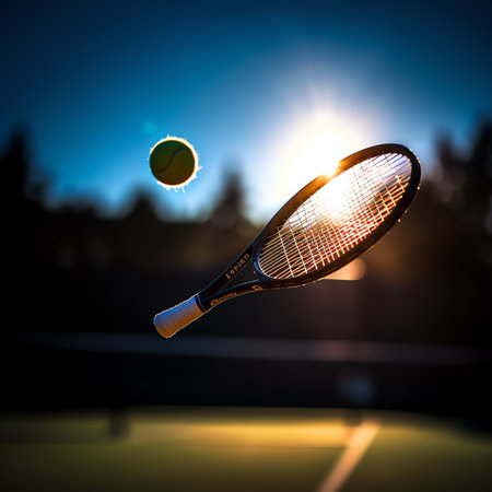 Generative AI : Tennis sport and tennis ball with racket on tennis court with net background and fitness outdoor lens flare Sports equipment training and stadium outdoors with sunlの素材