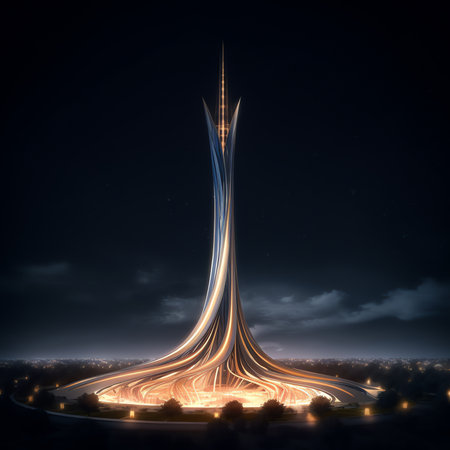 Generative AI : Tashkent television tower illuminated by night illumination at nighttime on a sky backgroundの素材