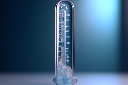 Generative AI : The thermometer lies on the snow in winter showing a negative temperatureMeteorological conditions in a harsh climate in winter with low air and ambient temperatureの素材