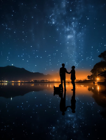 Generative AI : The sky with star at the lake in the twilight after sunsetの素材