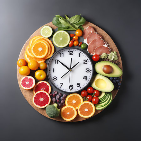 Generative AI : Time to eat Healthy lifestyle diet Female hand with a fork Breakfast Dinner lunch Top view on healthy backgroundの素材