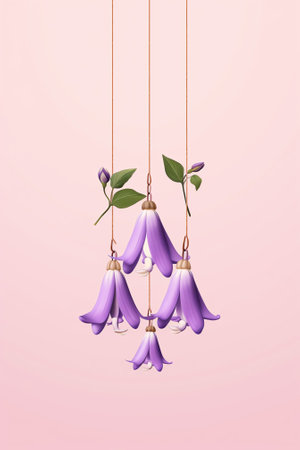 Generative AI : Three blue zen bells hanging on rope isolated over whiteの素材