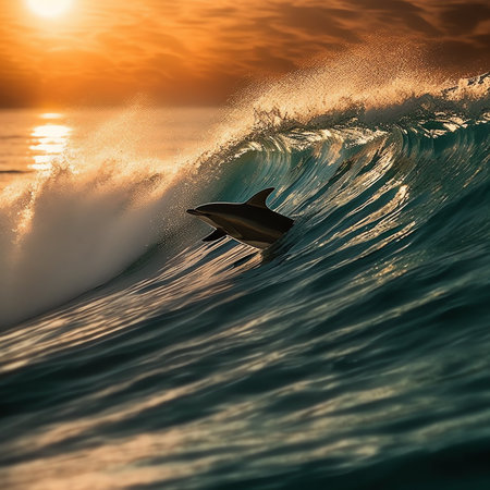 Generative AI : Three beautiful dolphins jumping over breaking waves Hawaii Pacific Ocean wildlife scenery Marine animals in natural habitatの素材