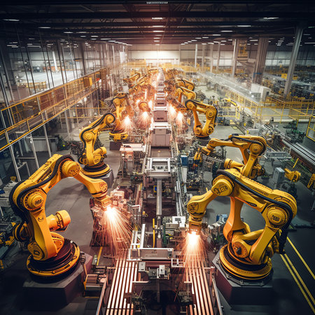 Generative AI : Top View of Solar Panel Assembly Line with Robot Arms at Modern Bright Factory Solar Panel Production Prodcess at Automated Facilityの素材