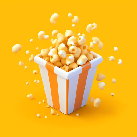 Generative AI : Top view of bright blue paper bag with delicious scattered sweet caramel popcorn on yellow backgroundの素材
