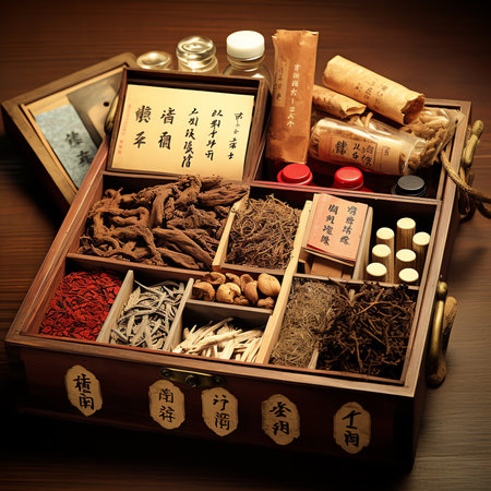 Generative AI : Traditional chinese medicine with herb and spices in brown wooden background doctor using a traditional kettle for advertising chinese traditional contentの素材