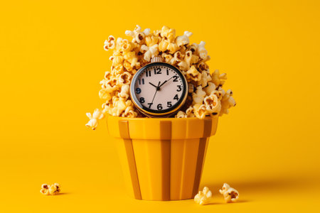 Generative AI : Top view of bright blue paper bag with delicious scattered sweet caramel popcorn on yellow backgroundの素材