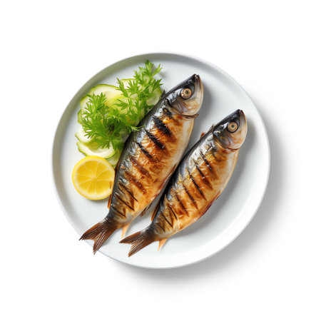 Generative AI : Top view of delicious plate of bread with sardinesの素材