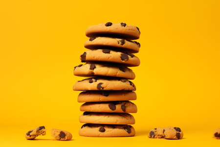 Generative AI : Top view of skor and double chocolate cookies on a mini rack placed on a yellow backgroundの素材