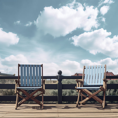 Generative AI : Train station platform with a wooden bench and fence Trees and blue sky with white clouds in the backgroundの素材