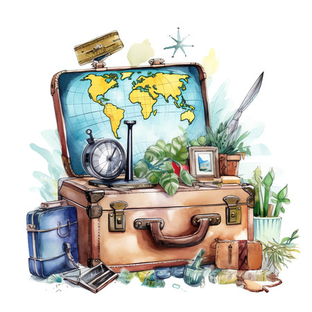 Generative AI : Travel accessories costumes Passports luggage The cost of travel maps prepared for the tripの素材