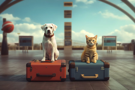 Generative AI : Travel concept with funny dog and cat sitting on suitcase life with animals concept wanderlust people traveling the worldの素材