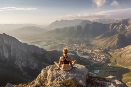 Generative AI : Traveler practices yoga and meditates on the mountain Sharp Alps peaks rocks without people View over Alpine rocks above deep vallyes to far horizonの素材