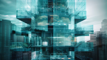 Generative AI : Transparent modern architecture Tilt double exposure photo of highrise office building reflecting in glass wall of another office building Abstract composition withの素材