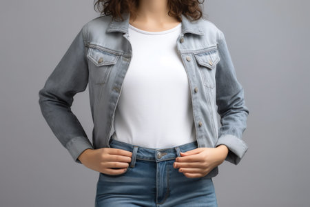 Generative AI : Trendy flying striped longsleeve white gray striped shirt blue jeans white leather sneakers isolated on gray background Branding clothes Mock up for design Spring Sの素材