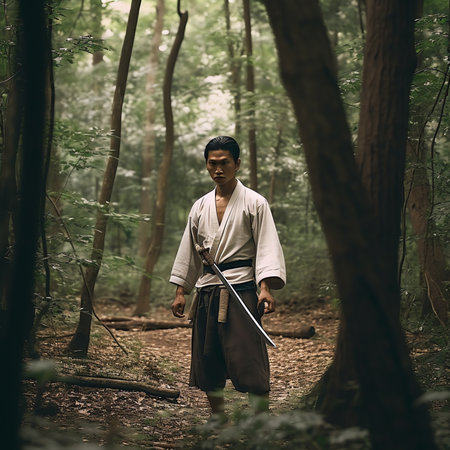 Generative AI : Trekking through jungle trail Young man walking in beautiful forest Hiking and travelling conceptの素材