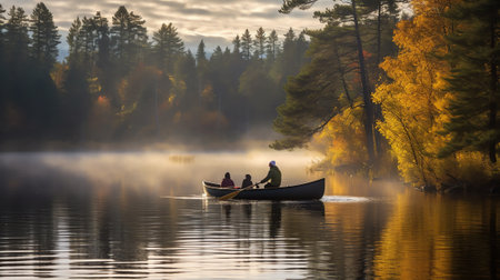 Generative AI : Two Canoes on the Shoreline of a Lake during Sunrise in Algonquin Park Canadaの素材