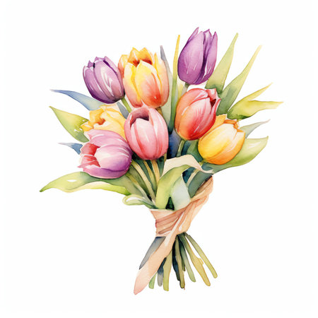 Generative AI : Tulip tulips bouquet Present for March 8 International Womens Day Holiday decor with flowers Bouquet with colorful tulips Red tulip yellow tulip Holiday floral decoの素材